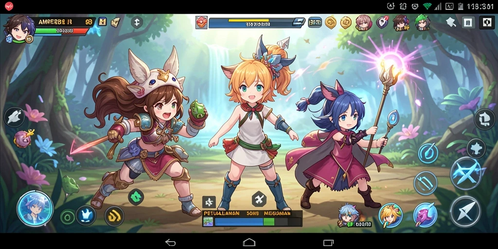 Screenshot gameplay AMPER88 menampilkan karakter anime yang sedang bertarung.