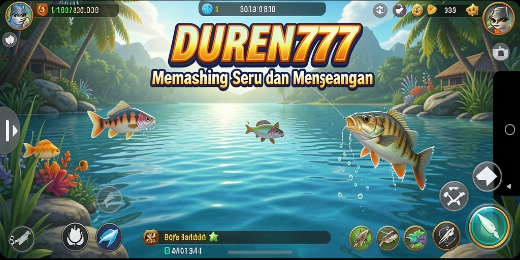 Gameplay DUREN777 menampilkan aksi seru saat memancing ikan di berbagai lokasi.