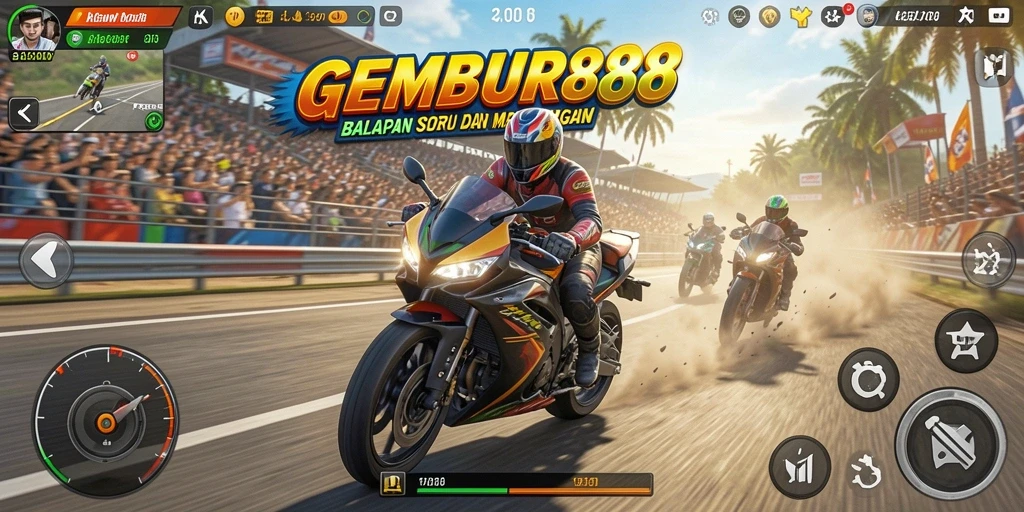 Tampilan screenshot utama GEMBUR88 menampilkan aksi balapan motor yang mendebarkan.