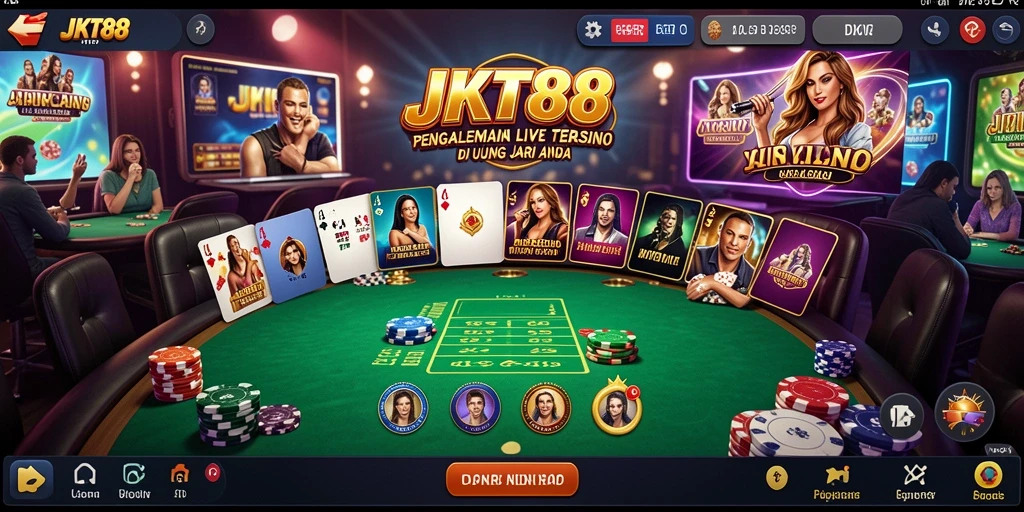 Screenshot utama JKT88 menampilkan gameplay Live Casino yang interaktif.