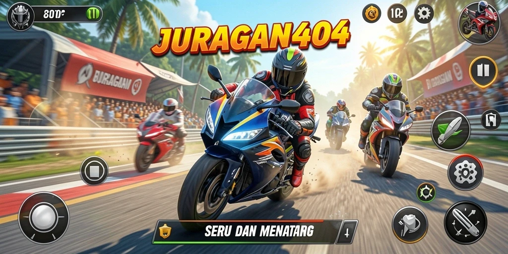 Screenshot gameplay seru JURAGAN404 dengan motor balap.