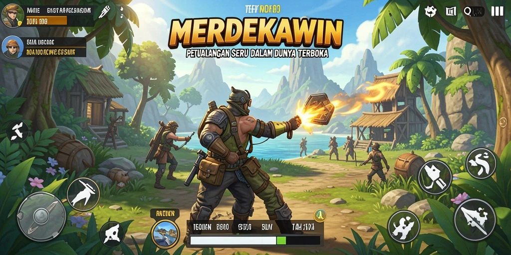 Tangkapan layar gameplay MERDEKAWIN dengan panorama dunia terbuka.