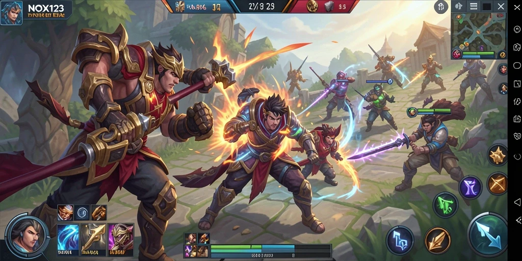 Tampilan gameplay NOX123 dengan aksi pertarungan seru di arena MOBA.