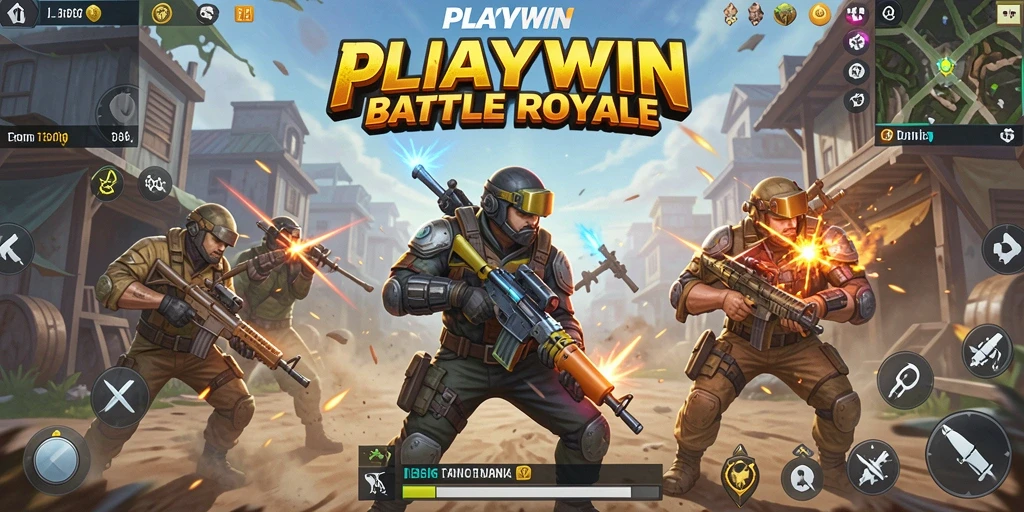 Screenshot gameplay utama <strong>PLAYWIN</strong> menampilkan pertempuran epik di medan yang dinamis.